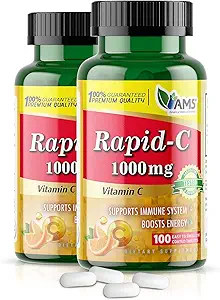 America Medic & Science Rapid-C 1000mg Vitamin C Supplement (2 Pack of 100 Tablets) Energy Booster, Daily Immune System Support, Antioxidant | Vegan, Non-GMO Coated Ascorbic Acid for Adult Men & Women