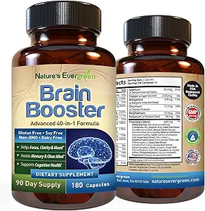 Brain Booster 40-in-1 Formula Supplement for Focus, Memory, Clarity, Energy | for Men & Women, Cognitive Function Nootropic Support with DMAE, Brain Health Formula | (180 Capsules - 90 Day Supply)