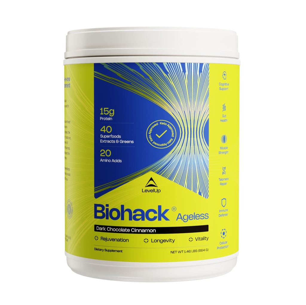 LevelUp Biohack Ageless: Colostrum Collagen Superfoods Antioxidants Spermidine Amino Acids Creatine for Women and Men, Total Body Rejuvenation (Dark Chocolate Cinnamon)