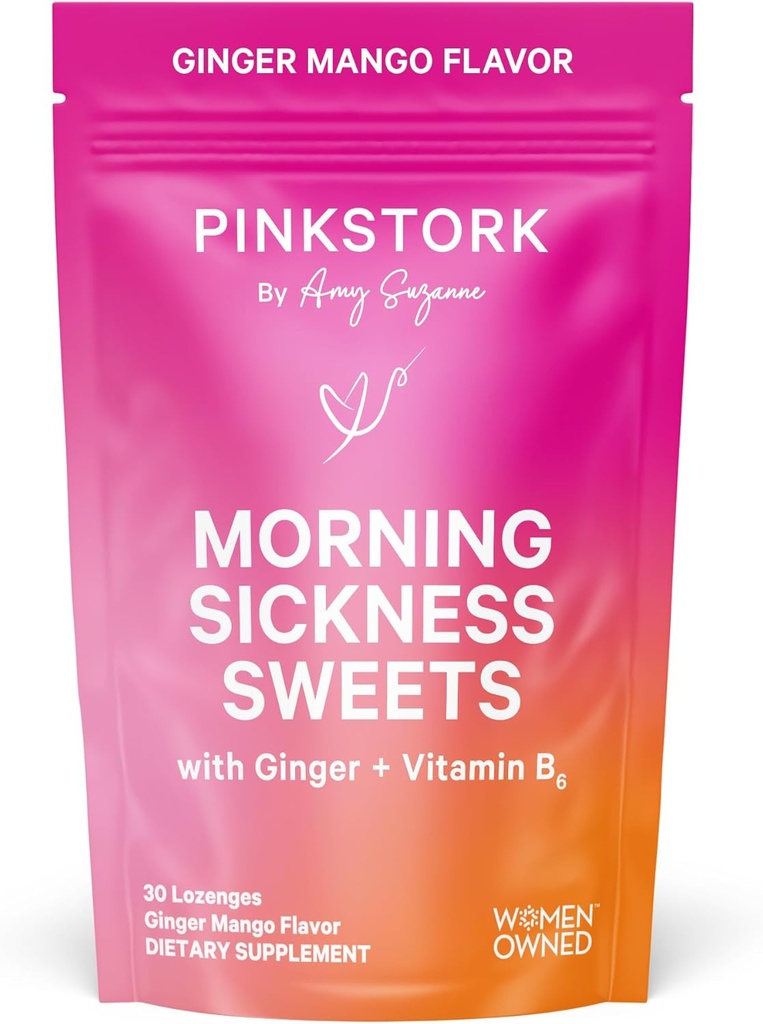 Pink Stork Morning Sickness Sweets, Organic Mango Ginger Candy with Vitamin B6 for Morning Sickness, Motion Sickness, Prenatal Heartburn - Pregnancy Must Haves - 30 Wrapped Drops