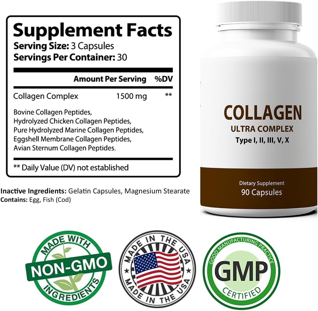 Ultra Premium Multi Collagen Capsules for Men & Women, Pure Hydrolyzed Collagen Peptides, Vitamin Supplement for Hair, Skin, Nails, and Joint Support (Types I, II, III, V, X,) 90 Capsules