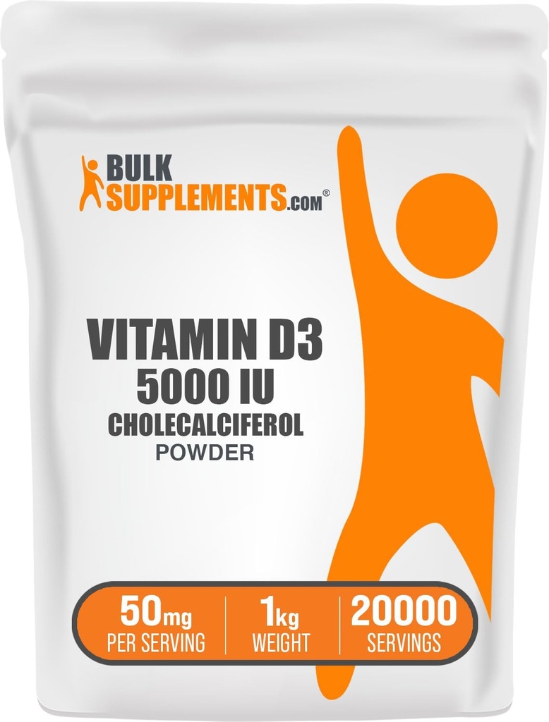 BulkSupplements.com Vitamin D3 Powder - Cholecalciferol, Vitamin D Supplements, Vitamin D3 5000 IU - Gluten Free, 50mg (125mcg of Vitamin D3) per Serving, 5kg (11 lbs) (Pack of 5)