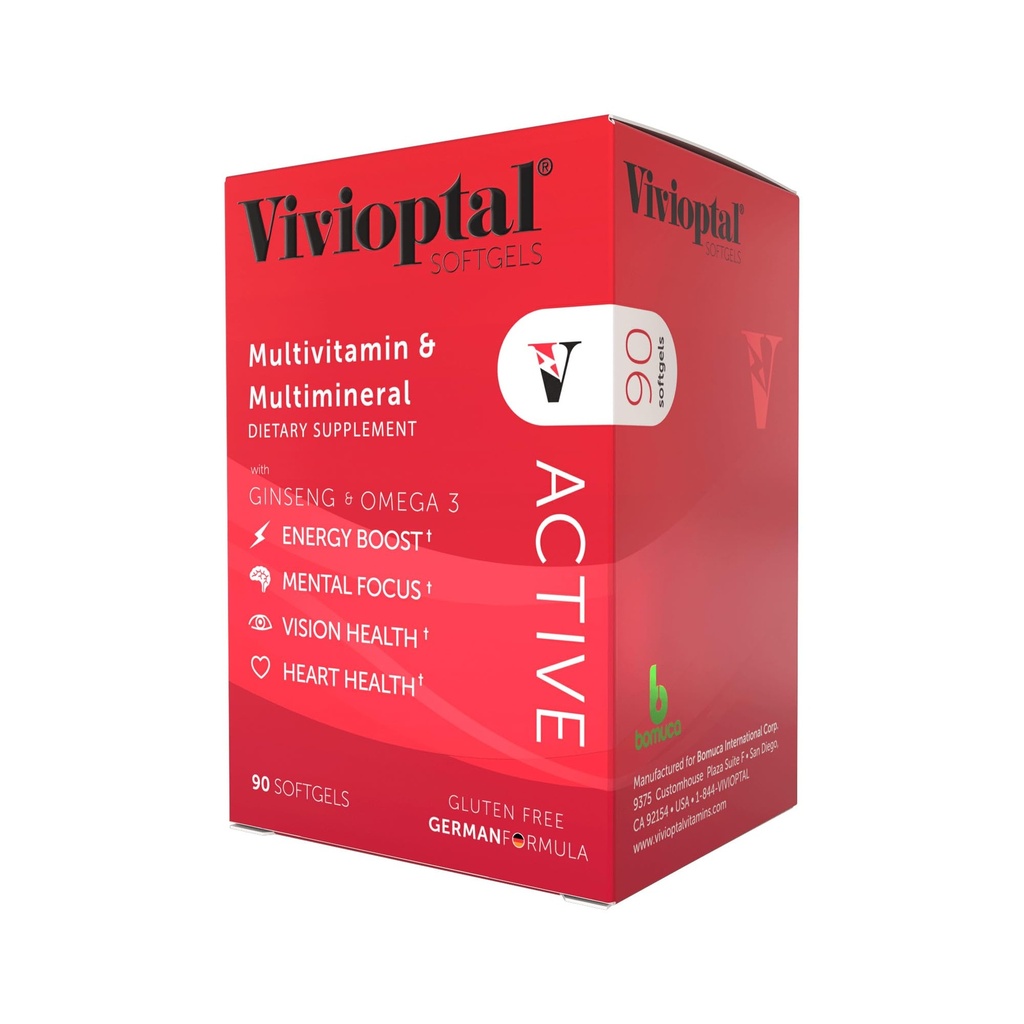 Vivioptal Active, 90 Softgels, Ginseng & Omega 3, Multivitamin & Multimineral, Gluten Free, German Formula