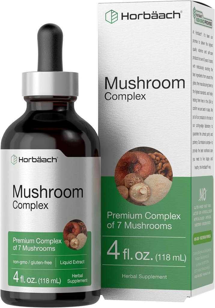 Horbäach Mushroom Complex | 4 Fl Oz Herbal Liquid Drops | Lion's Mane, Reishi, Shiitake, Chaga, Cordyceps, Maitake, and Oyster Mushroom Supplement Blend | Vegetarian | Non-GMO, Gluten Free Formula