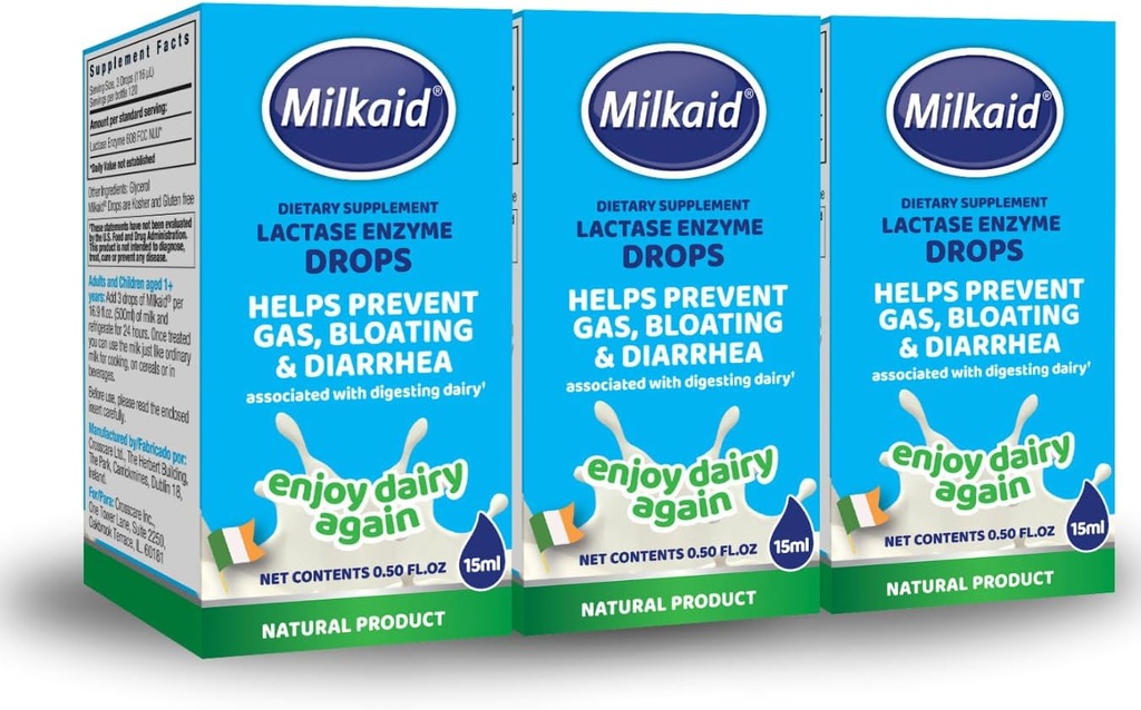 Milkaid Lactase Enzyme Drops for Lactose Intolerance | Prevents Gas, Bloating & Diarrhea | Fast Acting Dairy Digestive Supplement | Gluten Free & Vegetarian | No Artificial Flavor | 0.5 Fl Oz (3)