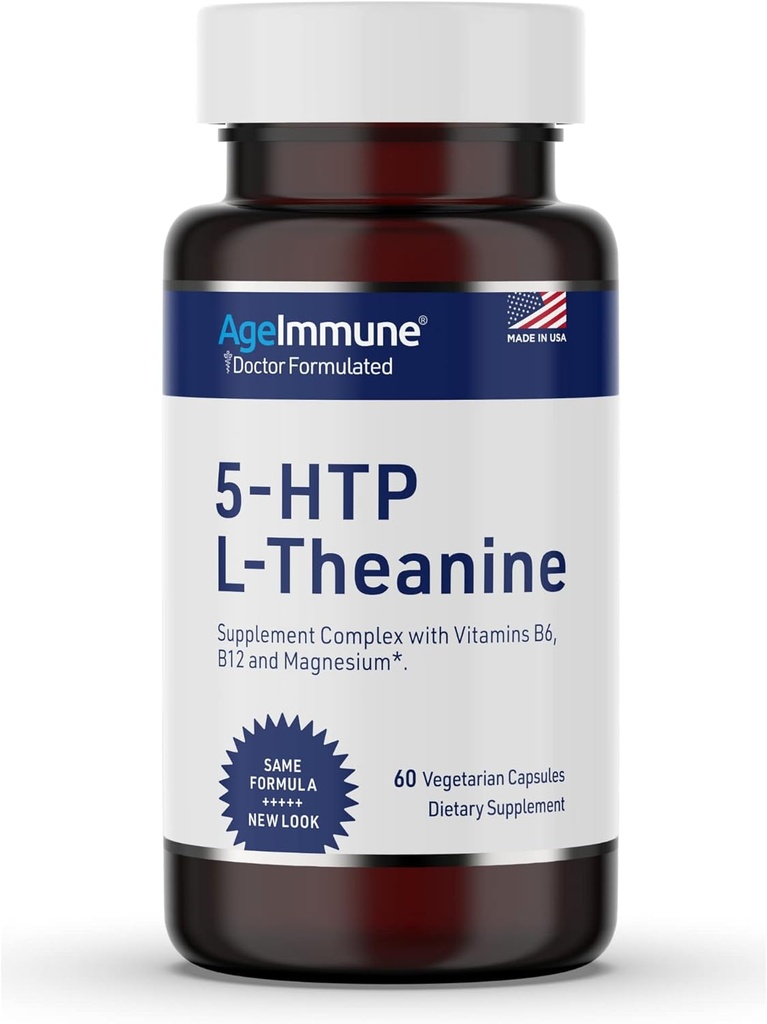 5-HTP Formula for Stress Relief and relaxation support for Teens and Adults with 5-HTP, L-Theanine, Vitamin B6, Vitamin B12, Magnesium - Doctor Formulated - Magnesium Stearate Free - 60 capsules.