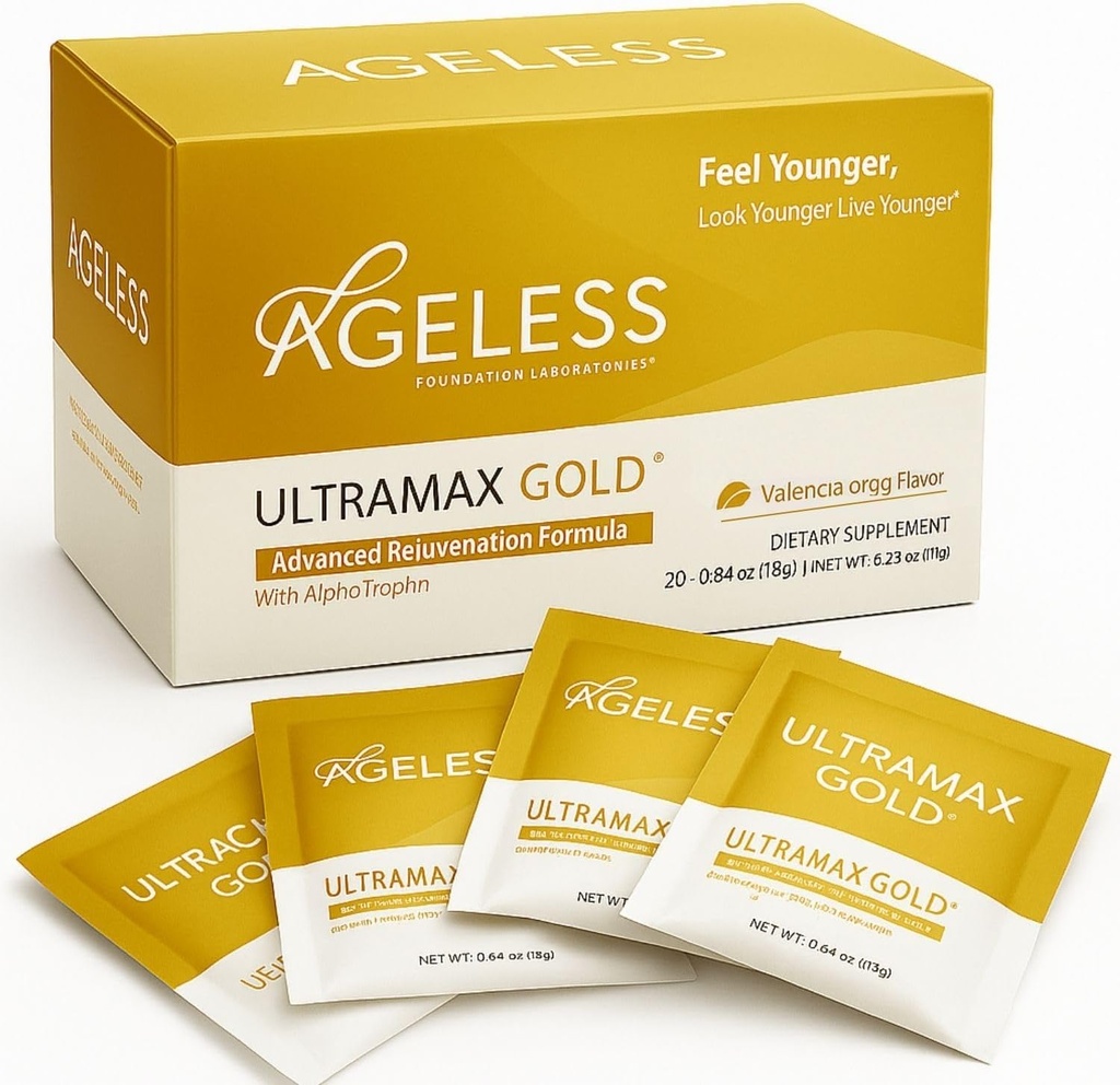 Ageless UltraMAX Gold - HGH Anti-Aging Supplement for Women & Men - Rejuvenates Skin, Restores Youthful Appearance, Boosts Energy & Sleep, Effervescent Powder - Valencia Orange Flavor - 22 Packets