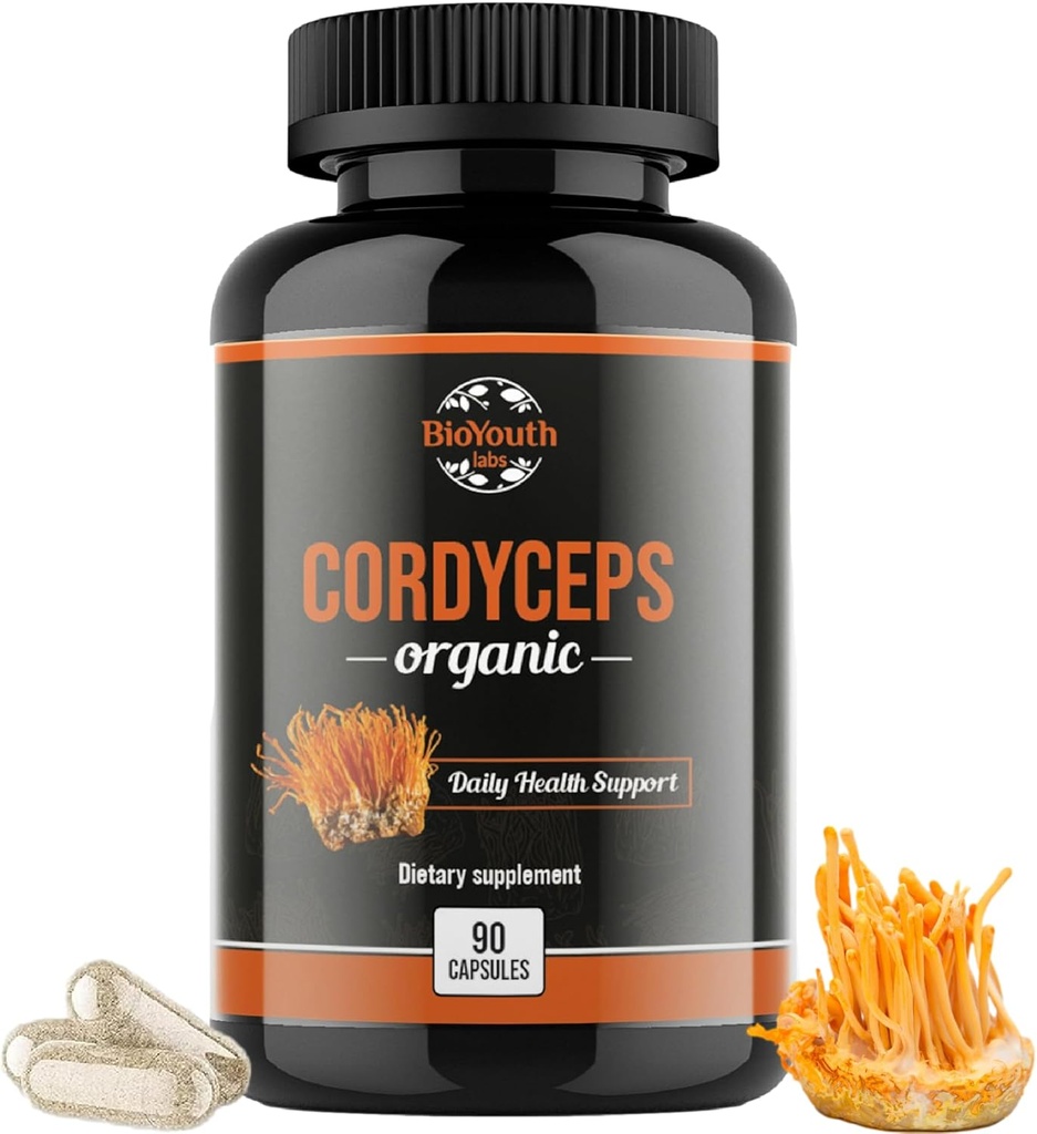 Cordyceps Organic Dietary Supplement - Natural Energy Boost and Respiratory Health Support with Cordyceps Militaris, Clinically Backed, Non-GMO & Allergen-Free | 90 Capsules