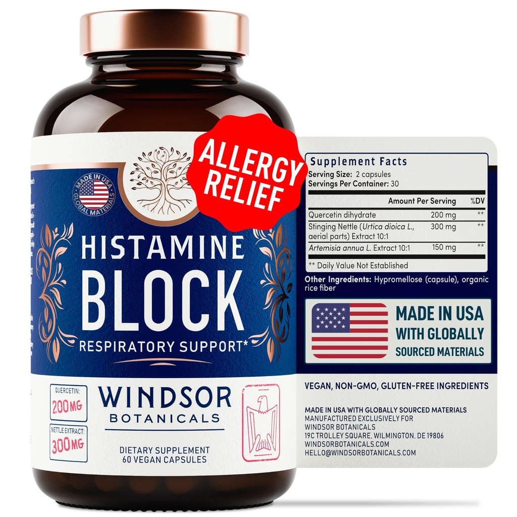 Histamine Blocker for Allergies - Quercetin, Stinging Nettle Flavonoids Natural Antihistamine Tablets - Allergy Relief Supplements & Antihistamines for Adults - 60 Vegan Histamine Block Capsules