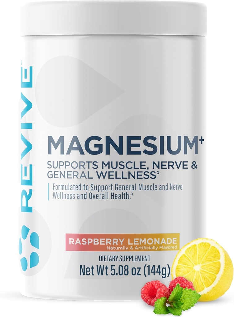 Revive MD Magnesium Powder Supplement - Magnesium Carbonate & Taurate Powder Drink Supports Healthy Bones, Muscles, & Nerves - Vegan-Friendly, Gluten-Free & Soy-Free (Raspberry Lemonade, 30 Servings)