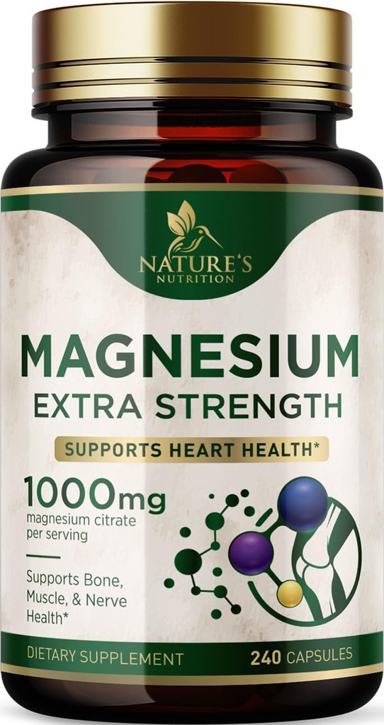 Magnesium Mineral Supplement 1000 mg - High Potency Magnesium Citrate for Bone, Heart Health, Nerves & Muscle Support, Nature's Magnesium Complex for Whole Body Support, Bottled in USA - 240 Capsules