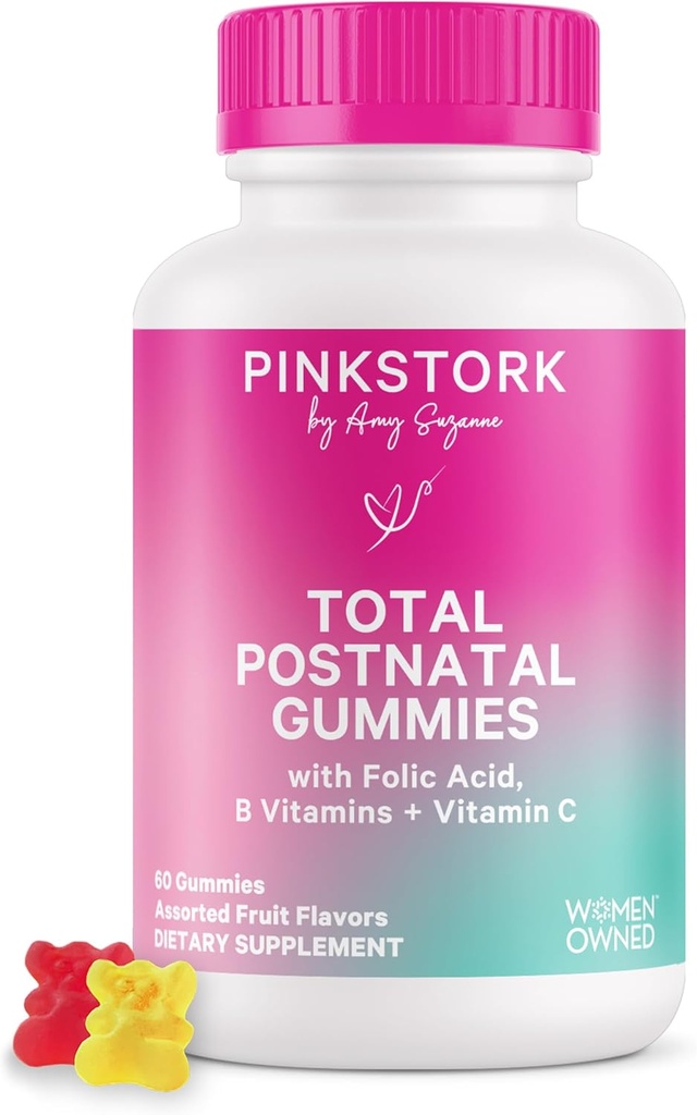 Pink Stork Total Postnatal Vitamin Gummies - Multivitamin for Postpartum Recovery and Lactation Support - Folic Acid, B6, & Vitamin C - Postpartum Essentials - 60 Gummy Vitamins