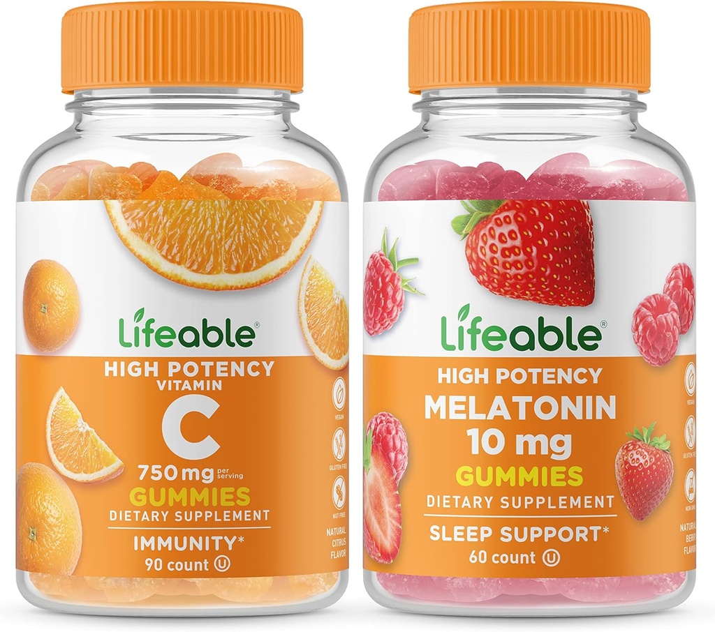 Lifeable Vitamin C 750mg + Melatonin 10mg, Gummies Bundle - Great Tasting, Vitamin Supplement, Gluten Free, GMO Free, Chewable Gummy