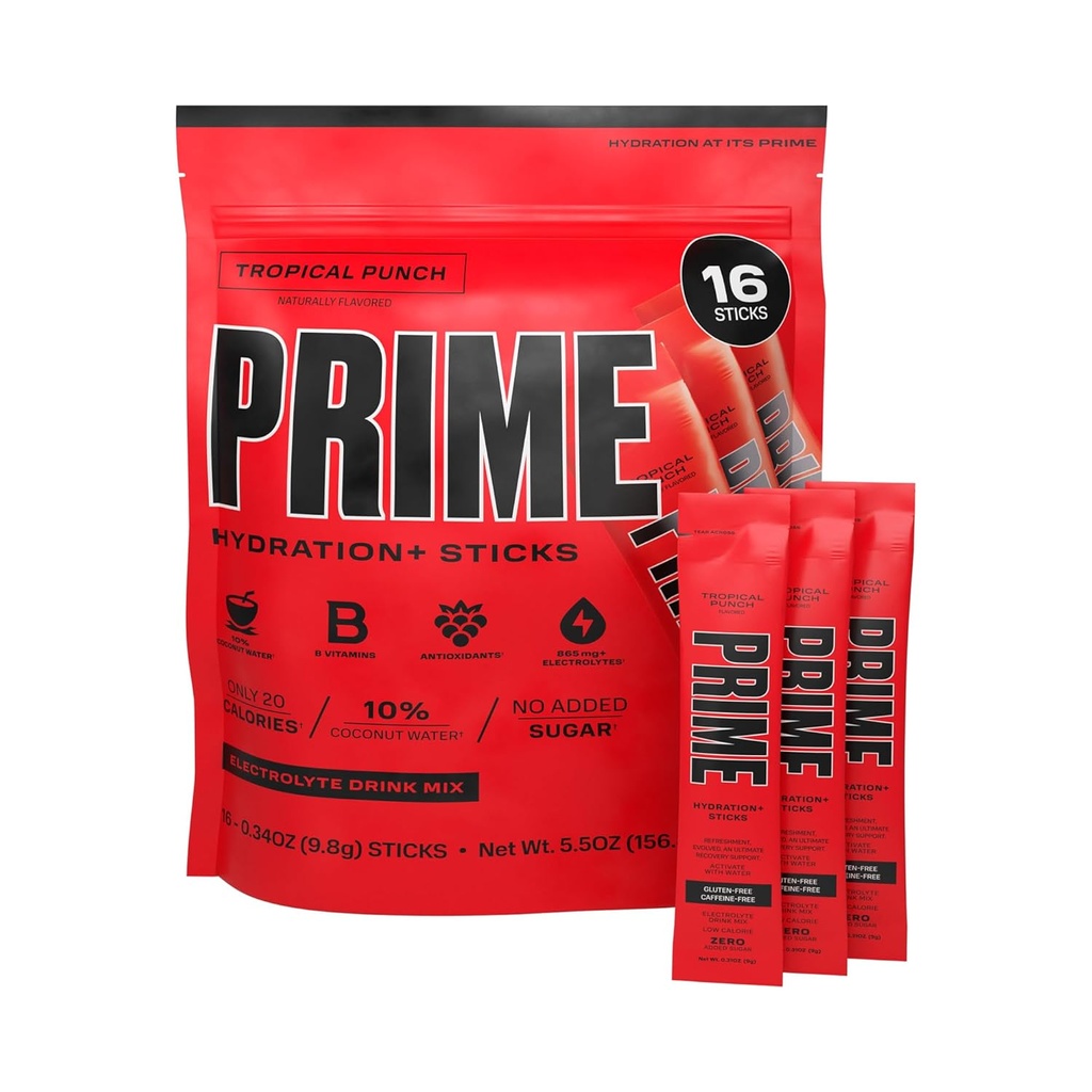 PRIME HYDRATION+ Sticks Tropical Punch| Hydration Powder Single Serve Sticks | Electrolyte Powder On The Go | 250mg BCAAs, B Vitamins, Antioxidants | Low Sugar | Caffeine-Free | Vegan | 16 Sticks