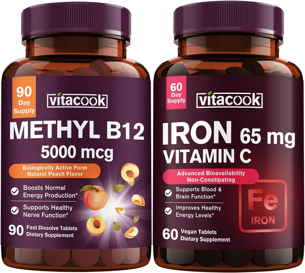 Iron and Vitamin B12 Bundle, 5000 mcg B12, Zero Sugar, Carbonyl Iron with Vitamin C, Gentle on The Stomach