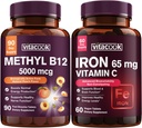 Iron and Vitamin B12 Bundle, 5000 mcg B12, Zero Sugar, Carbonyl Iron with Vitamin C, Gentle on The Stomach