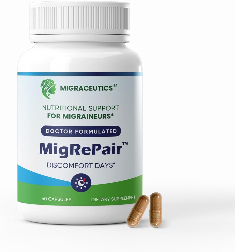 MigRePair Bottle of 60 - Doctor Formulated Migraine Relief Supplements - Natural Herbal Support with Feverfew, Butterbur & Grape Seed - Migraine Supplement for Women & Men - Migraine Headache Support