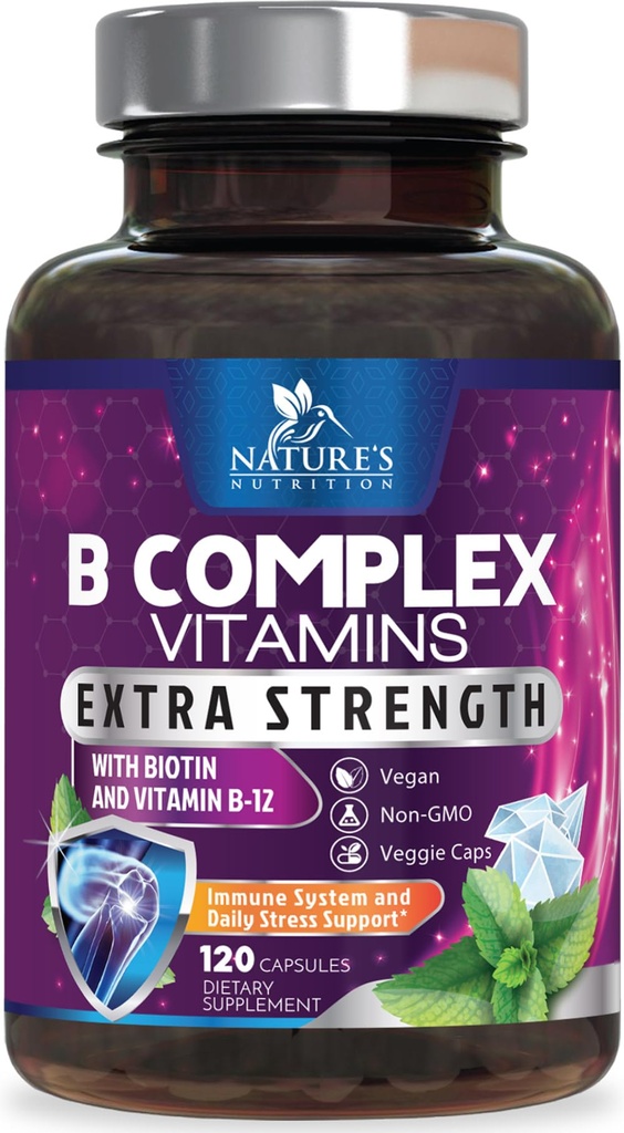 B Complex Vitamins Capsules - Super Complete B-100 Complex with Vitamin B12 B6 C Biotin Folate & Folic Acid for Immune & Energy Support - Supplement for Heart, Brain, & Nerve Support - 120 Capsules