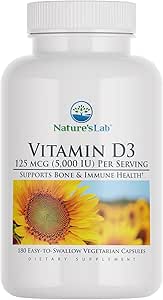 Nature's Lab Vitamin D3 5000 IU 180ct (6 Month Supply) for Immune Support and Healthy Bones Gluten Free, Non GMO
