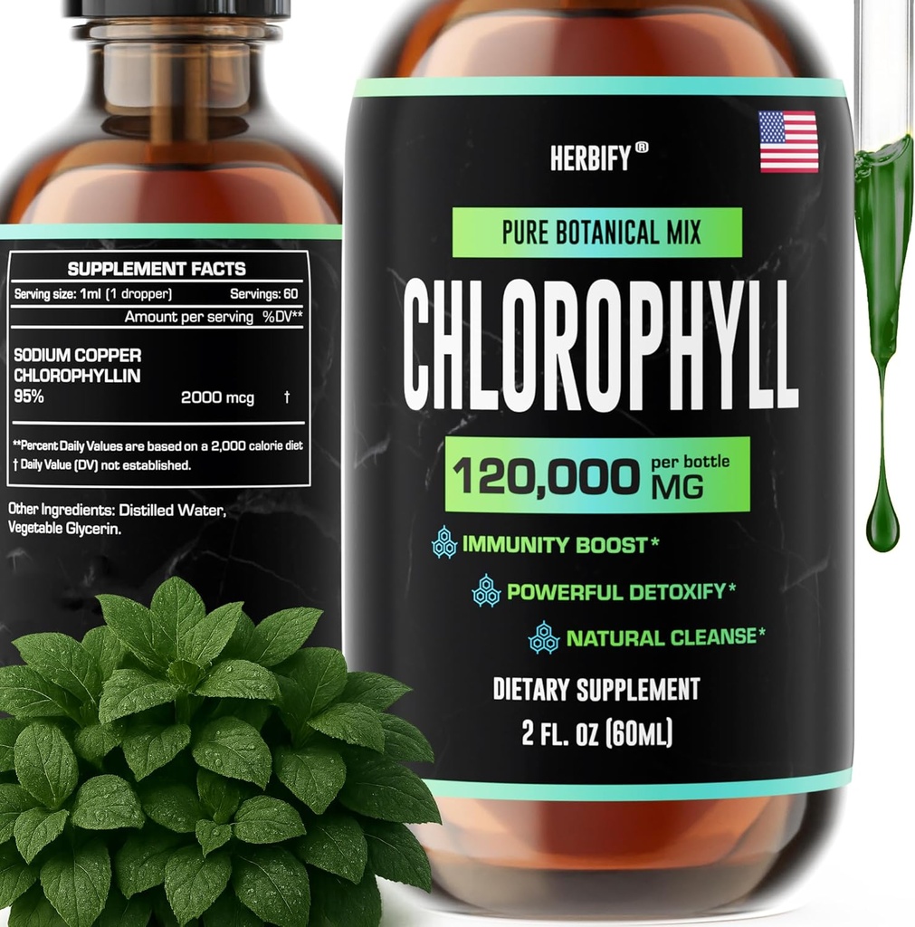 HERBIFY Chlorophyll Drops - Liquid Chlorophyll for Energy Boost & Immune System Support - Made in USA - Chlorophyll Liquid Drops for Body Detox, Internal Deodorant & Enhance Skin - 2 Oz