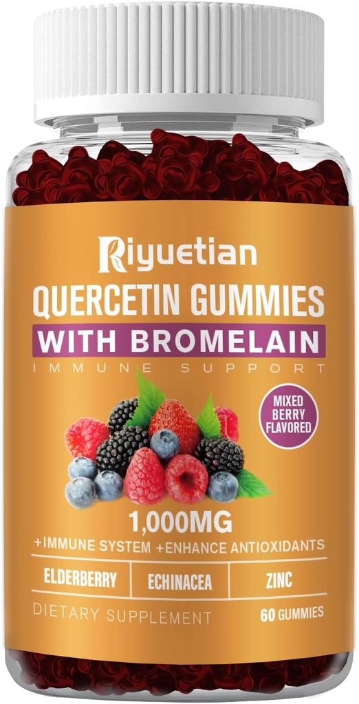 Quercetin with Bromelain, Zinc & Vitamin C - Cardiovascular,Aging Support Chewable Vitamins -Vegan - Pure Quercetin for Kids and Adults - Non-GMO 60 Count