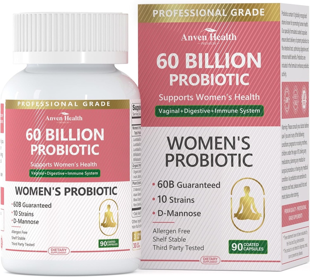 Probiotics and Organic Prebiotics for Women pH Balance & Digestion- 60 Billion CFU Vaginal Probiotics with Cranberry D-Mannose, Vegan & Non-GMO for Urinary Tract & Immune | 90 Caps