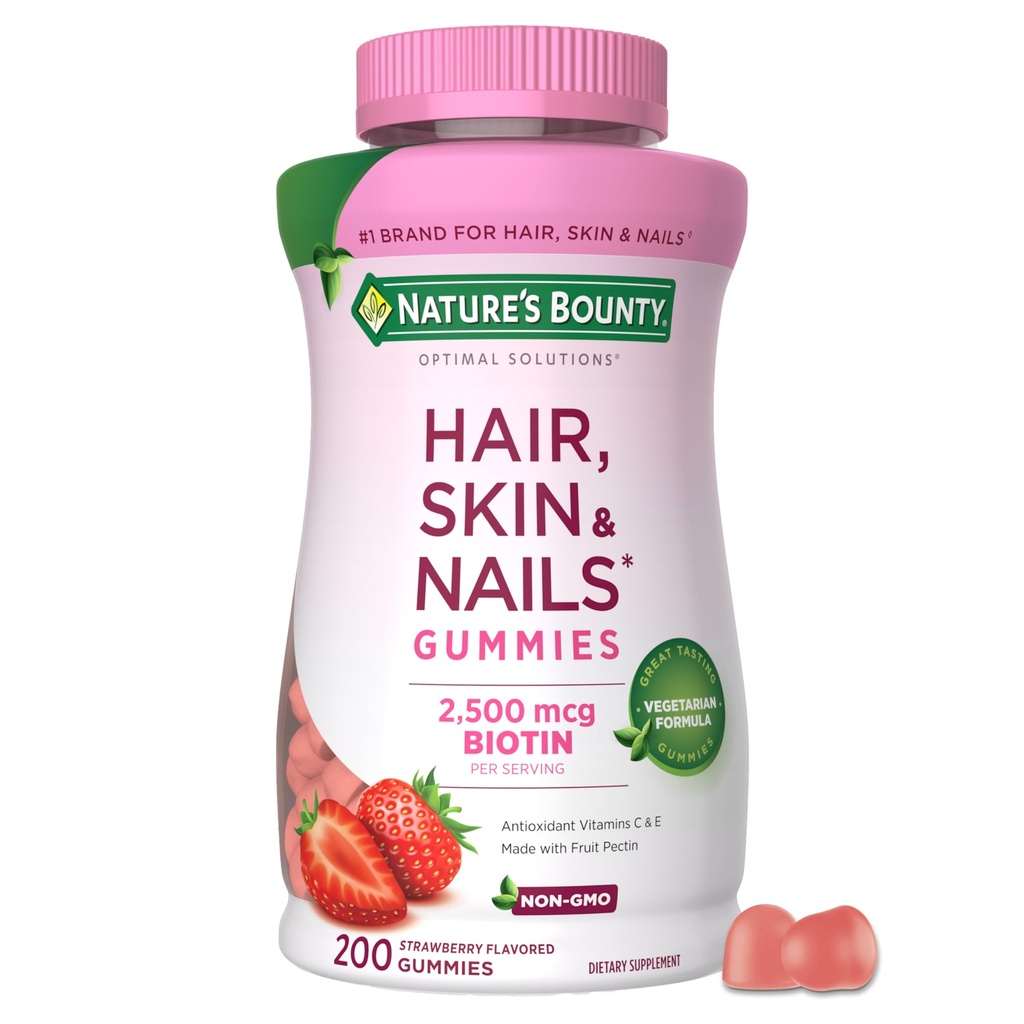Nature's Bounty Optimal Solutions Hair, Skin and Nails Pectin Gummies, 2500 mcg Biotin Per Serving, No Stick Gummy, Vegetarian Formula, Strawberry Flavor, 200 count, 100 Total Servings