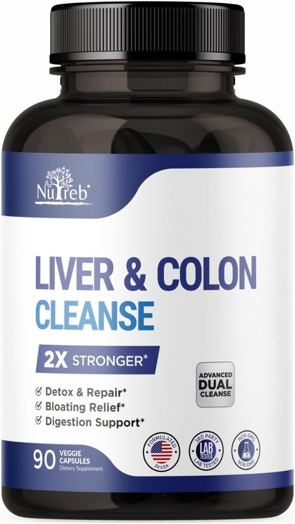 Liver Detox & Colon Cleanse - 2X Stronger - Liver Cleanse Detox & Repair - Colon Cleanser & Detox - Premium Milk Thistle Supplement - Men & Women - Vegan 90 Capsules