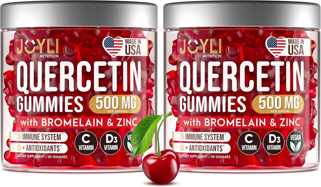2 Pack - JOYLI Quercetin Gummies with Bromelain, Zinc, Vitamin C & D3 – Sugar-Free Quercetin Supplement for Immune Support & Seasonal Wellness – 500mg Quercetin for Kids & Adults – 60 Gummies per Pack