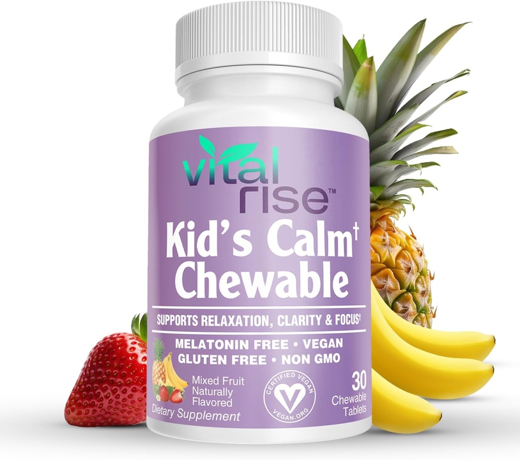Kids Magnesium Chewables - Daily Supplement, Sugar-Free & Melatonin-Free, Supports a Healthy Stress Response & Focus, Fast-Absorbing Magnesium with L-Theanine, Mixed Fruit Flavor, 30 Count