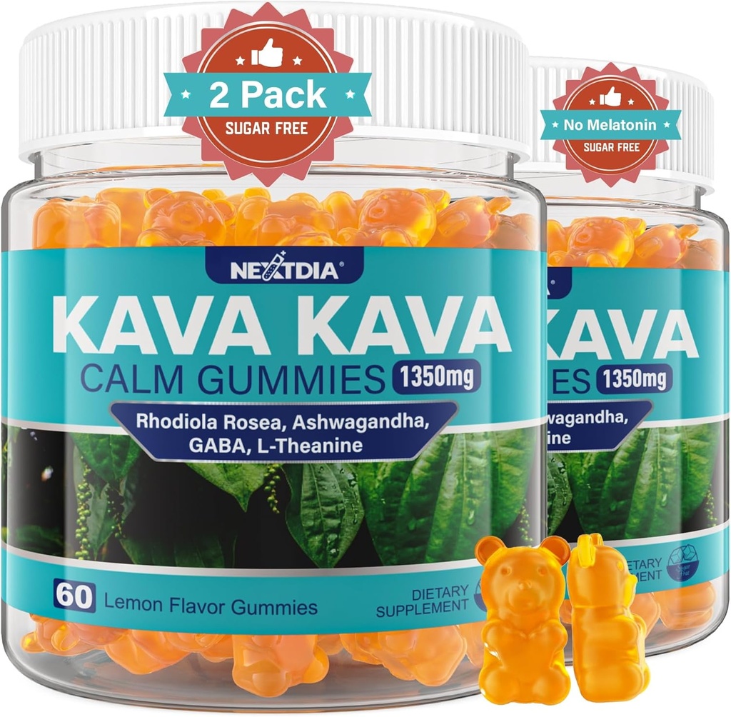 Kava Kava Gummies, Sugar Free Calm Gummies w/Rhodiola Rosea, Ashwagandha, L-Theanine, GABA, Melatonin-Free Kava Blend for Relaxation, Calm and Focus - Alternative to Kava Powder Capsules, Vegan 120 Ct
