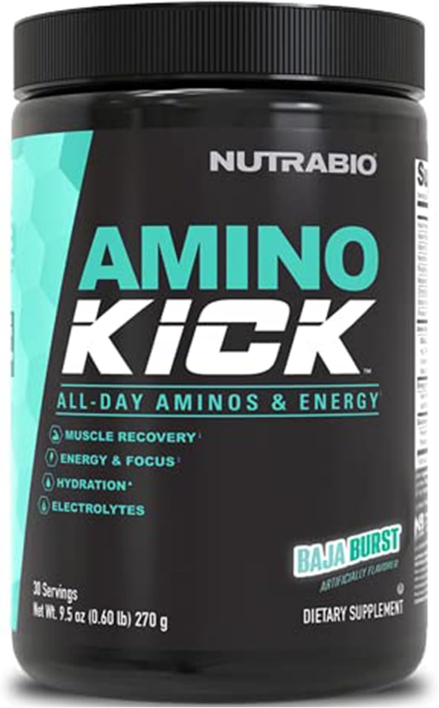 NutraBio Amino Kick – BCAA Powder with Natural Caffeine – Amino Acids Supplement for Energy, Hydration & Recovery – BCAAs, Electrolytes & Amino Acids – Baja Burst, 30 Servings