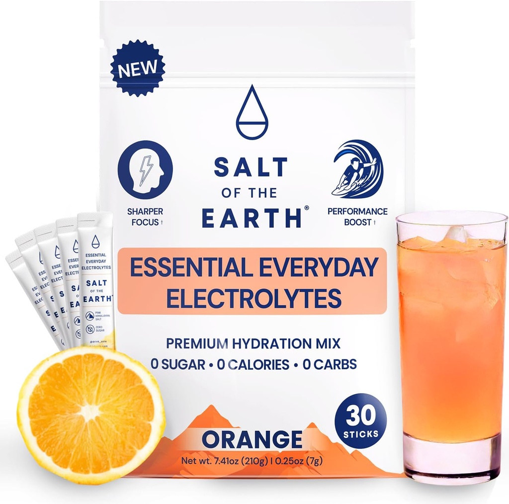 Salt of the Earth Premium Zero-Sugar Electrolyte - Made with Pink Himalayan Salt - Hydration Powder Packets | Premium Ingredients | Keto & Paleo Friendly | 30 Sticks, Orange