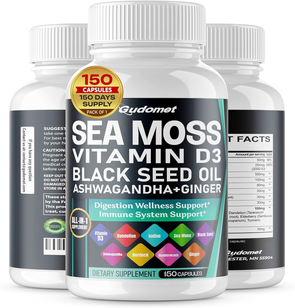 Sea Moss Black Seed Oil - All-in-1 Supplement with Vitamin C Vitamin D3 Ashwagandha Burdock Bladderwrack Ginger Apple Cider Vinegar Dandelion Yellow Dock