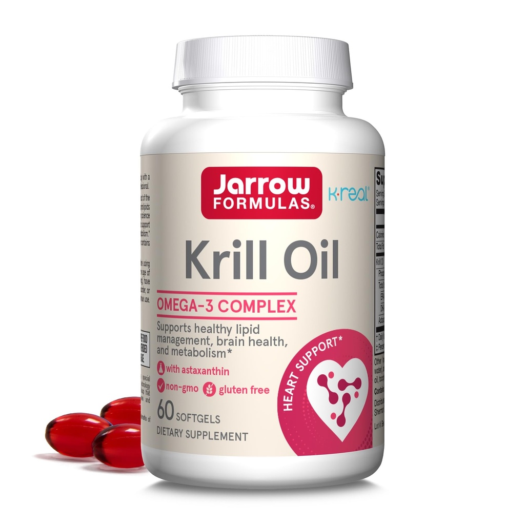 Jarrow Formulas Krill Oil - Phospholipid Omega-3 Complex with Astaxanthin - 60 Softgels - 30 Servings - Supports Lipid Management, Metabolism, Brain & Heart Health - EPA & DHA - Gluten Free - Non-GMO