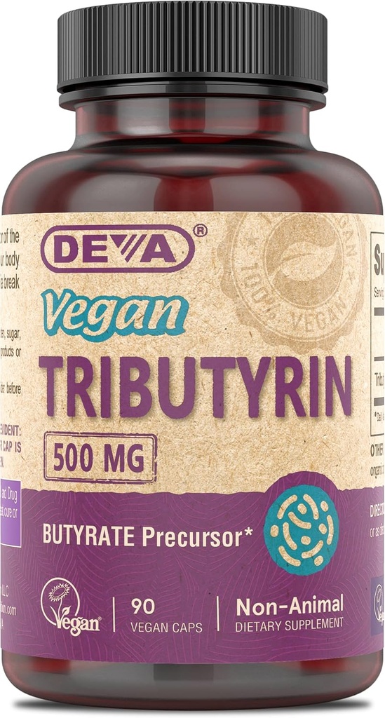 DEVA Vegan Tributyrin Supplement - Butyrate Precursor, Gut Barrier Support, Butyric Acid, 500 MG Vegan Capsules, Leaky Gut Support, Digestion, 90 Count
