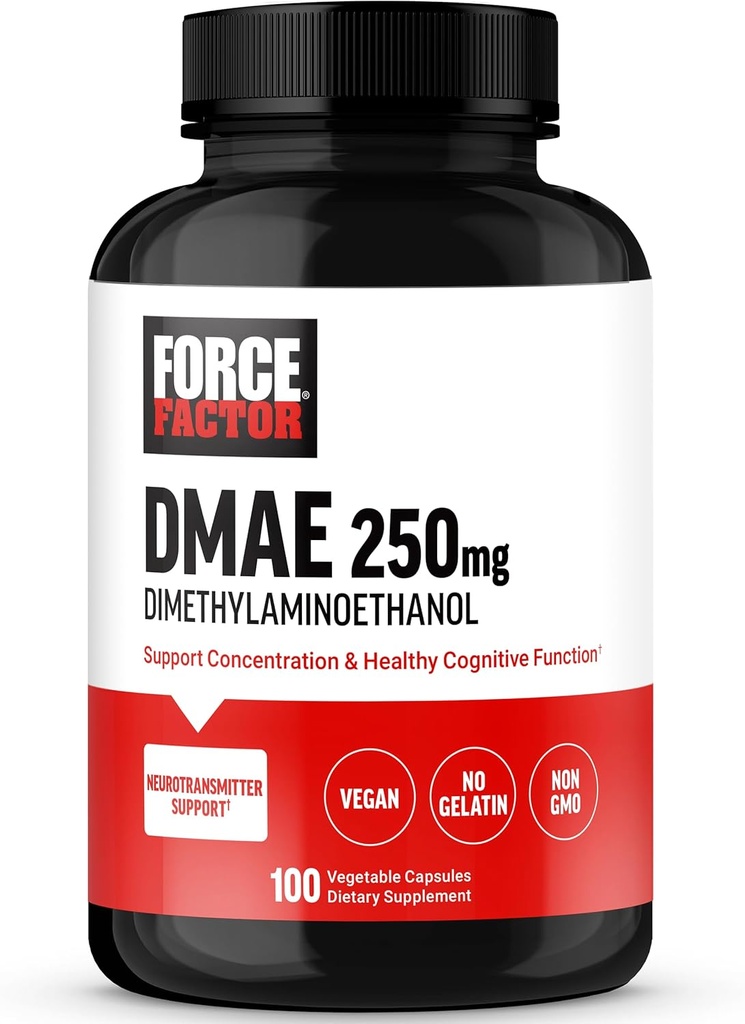 FORCE FACTOR DMAE Supplement for Concentration, Focus, and Healthy Cognitive Function, Brain Supplement & Neurotransmitter Support, Vegan, Non-GMO, 100 Capsules