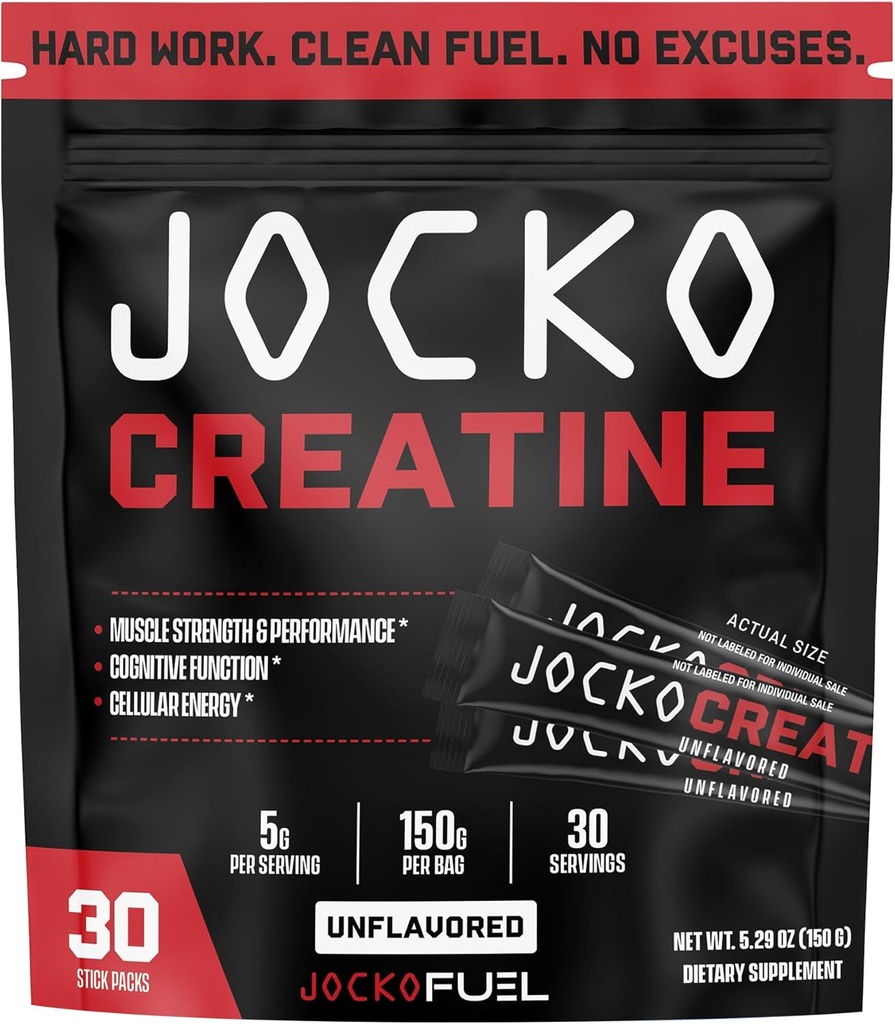 Jocko Fuel Creatine Stick Packs - Creatine Monohydrate Powder Travel Packs for Men & Women, Supplement for Athletic Performance & Muscle Health, 30 Servings 150g (Unflavored)