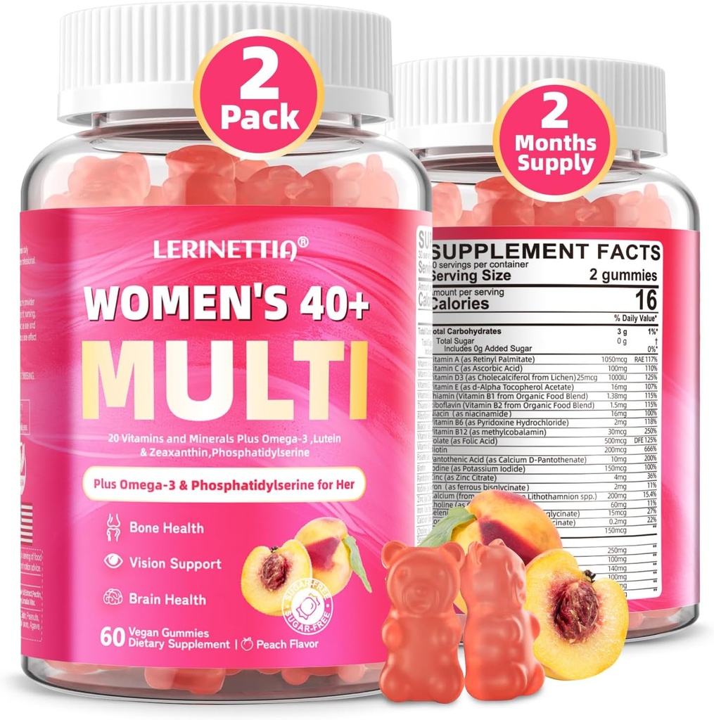 Multivitamin for Women Gummies for 40+ with Omega-3, Niacinamide, B-Complex, Lutein, Iron, Choline, Phosphatidylserine, Vitamin D3 for Skin, Hair, Energy, Immune, Bone - Vegan, Sugar Free, 120Cts