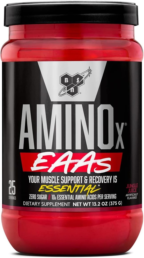 BSN Amino X EAAs, Muscle Recovery and Endurance, 10g Essential Amino Acids, 5g BCAAs, Zero Sugar, Caffeine Free, Jungle Juice, 13.2oz, 25 Servings