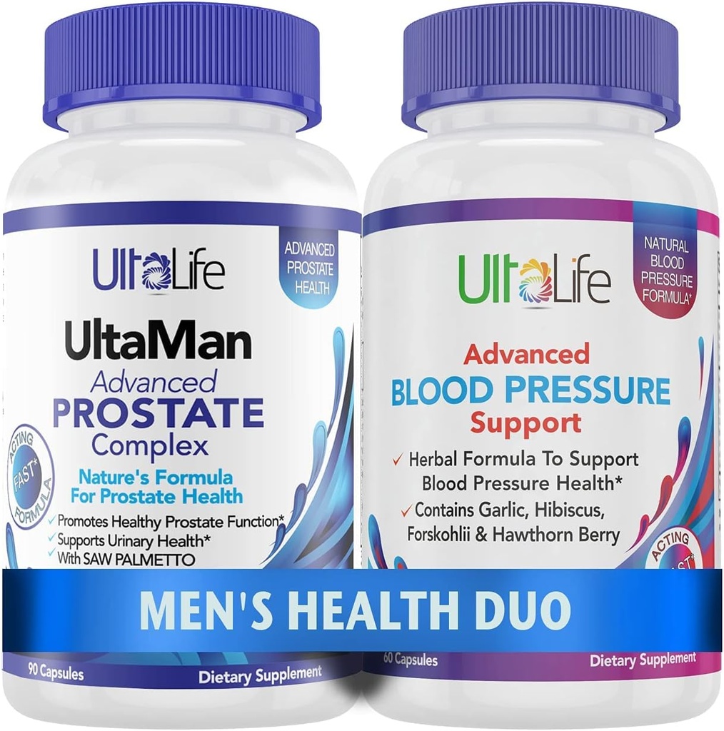 ULTALIFE Men's Health Duo - 2 Bottles - One Prostate Support Complex with Saw Palmetto & Beta Sitosterol & One HIGH Blood Pressure Supplement with Garlic & Hawthorn Berry Fast-Acting Capsules for Men