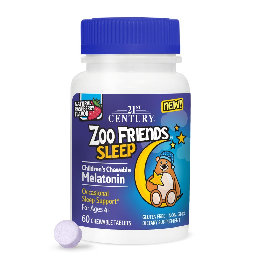21st Century Zoo Friends Sleep Chewable Melatonin, Raspberry Flavor, 60 Count