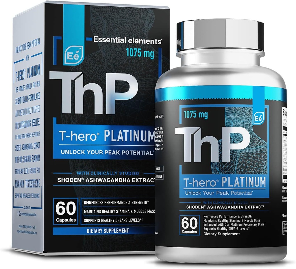 Essential Elements T-Hero Platinum Male Health Supplement for Mens Health - Muscle Growth Support & T-Health with Shoden Ashwagandha, Shilajit, DIM & More - Gym Supplements for Men - 60 Caps