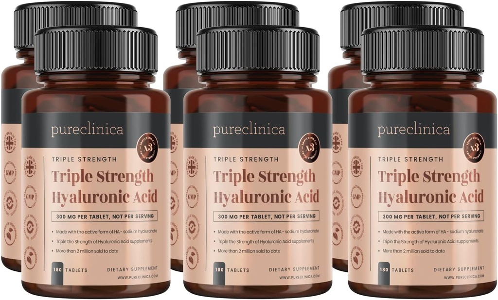 pureclinica Hyaluronic Acid 300mg x 1080 Tablets (6 Bottles of 180 Tablets - 3 Years Supply). Triple Strength Hyaluronic Acid. 300% Stronger Than Any Other HLA Tablet