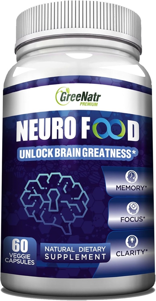 GreeNatr Brain Supplements for Memory and Focus - Ginko Biloba Capsules Brain Booster Supplement with B1, Folic Acid & Calcium - Memory Supplements for Cognitive & Brain Health 60 Capsules (1 Bottle)