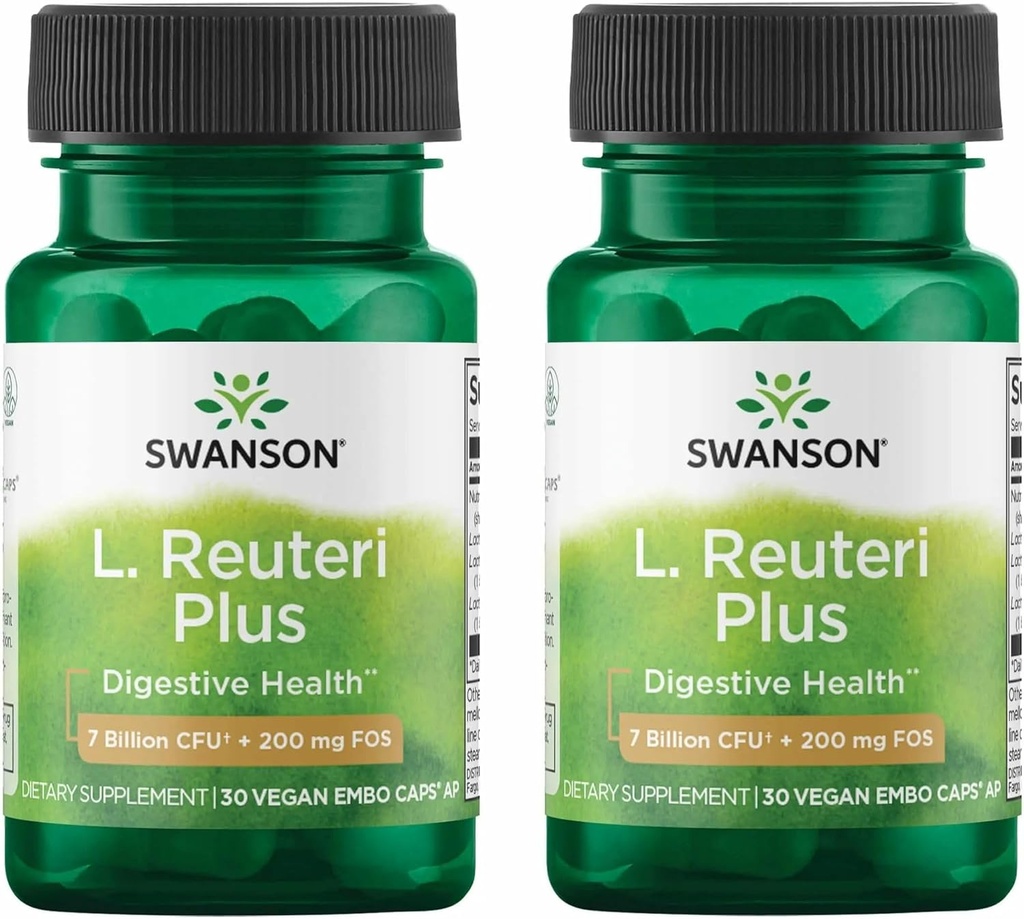 Swanson L. Reuteri Probiotic Plus w/L. Rhamnosus L. Acidophilus & FOS Prebiotic Digestive Support - Promotes Gut Health w/ 7 Billion CFU per Capsule - (30 Veggie Capsules) (2 Pack)