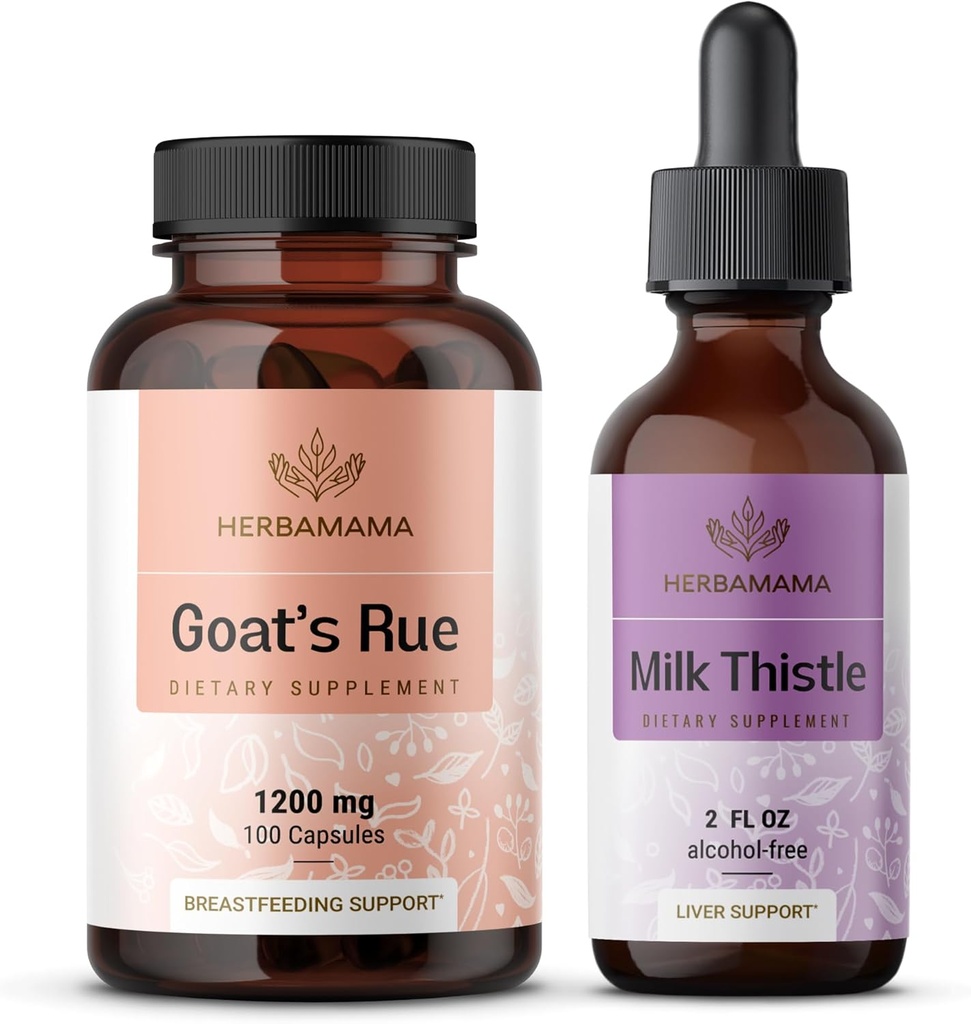 HERBAMAMA Goat's Rue and Milk Thistle Kit - Bundle of 1200 mg Goat's Rue Capsules & Milk Thistle Liver Detox Drops 2 fl oz - Vegan, Non-GMO, Sugar & Alcohol-Free - 2 Pack