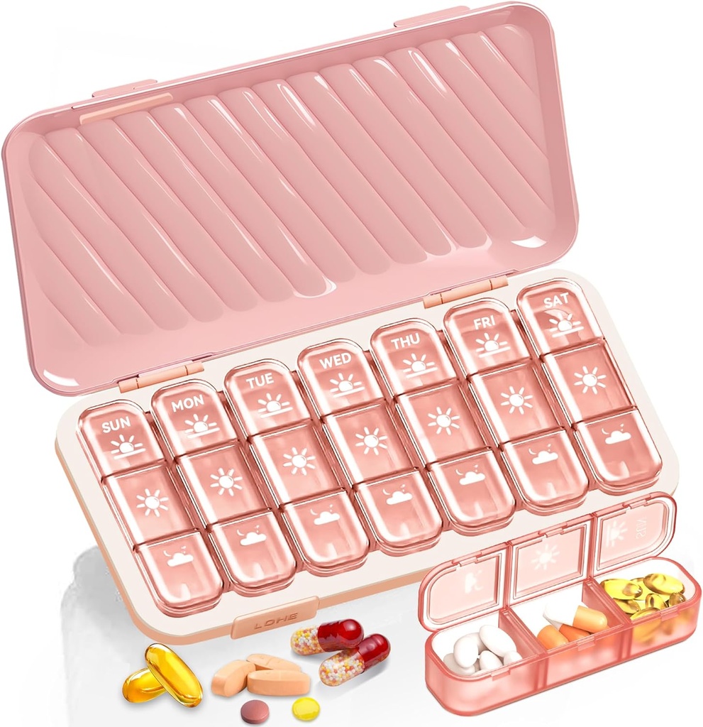 Pill Organizer 3 Times A Day, 7 Day Pill Box - GloDeals Weekly Pill Organizer, Portable Removable Daily Medicine Container Dispenser Case for Vitamin Fish Oil Supplement, Pink