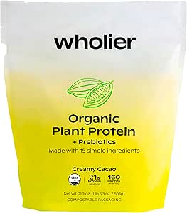 wholier Organic Plant Protein + Prebiotics. Clean Vegan Protein. 21g of Protein. 14 Real Plant Ingredients. Prebiotic Fiber. No Natural Flavors, Gums or Fillers. Creamy Cacao (1 lb. 4 oz.)