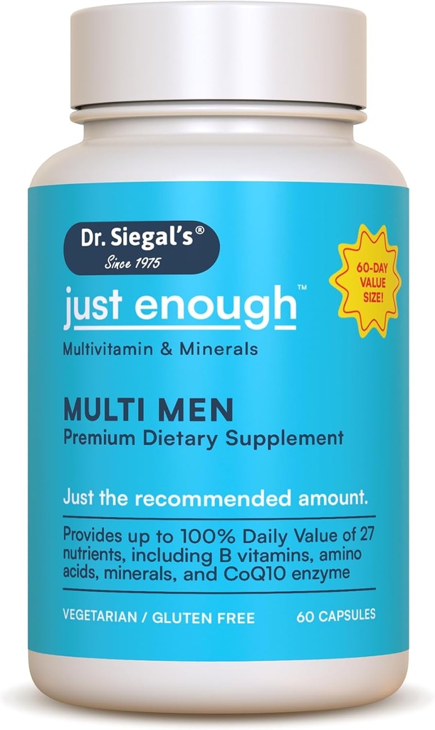 Dr. Siegal's Just Enough Multivitamins for Men - 60 Capsules - 60 Servings Vegetarian Multivitamin for Men Capsules - Men's Daily Multivitamin - Mens Multivitamins & Multi Minerals Supplement